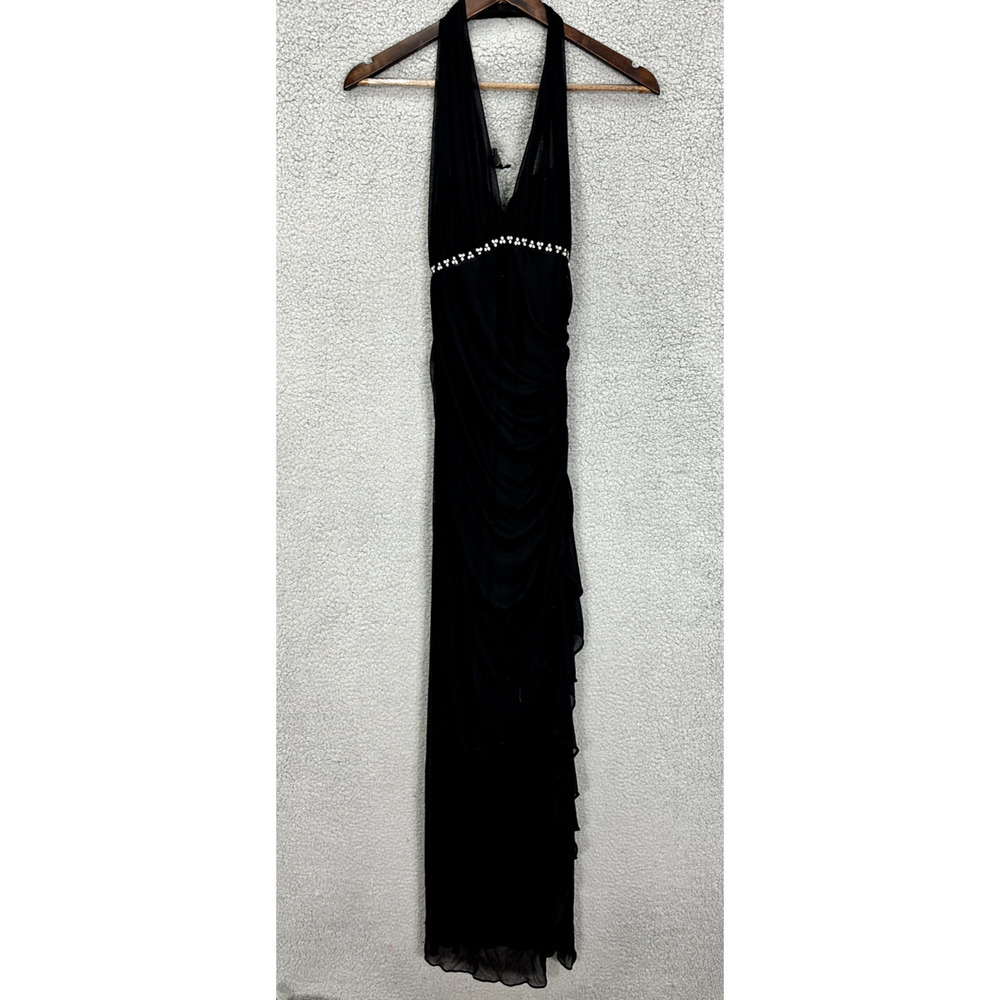 Cache Halter Maxi Dress Womens 2 Black Rhinestone Ruched Y2K Formal Prom Gown